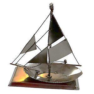 Brushed Metal Sailboat Sculpture on Metal Stand Nautical Decor